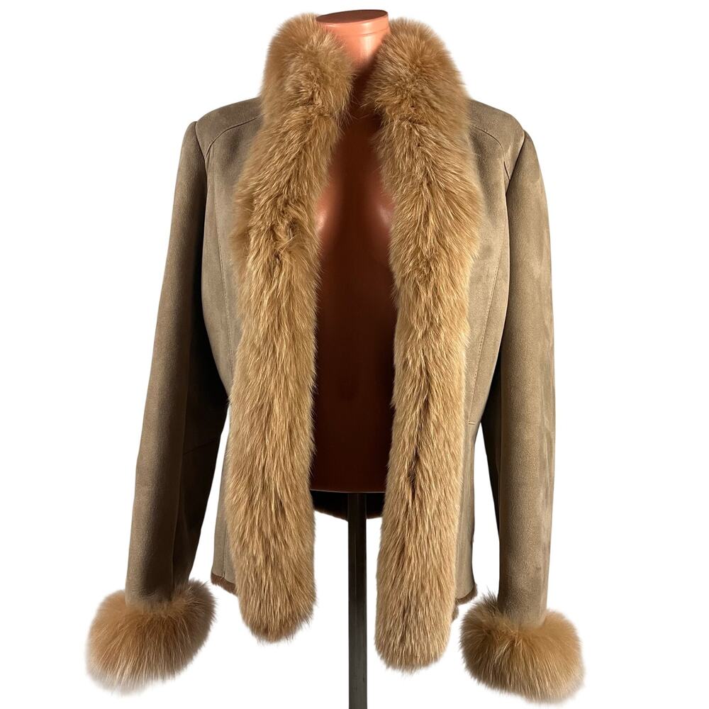 Y2K Shearling Sheepskin Penny lane Fur Leather Coat Blue Fox Collar M
